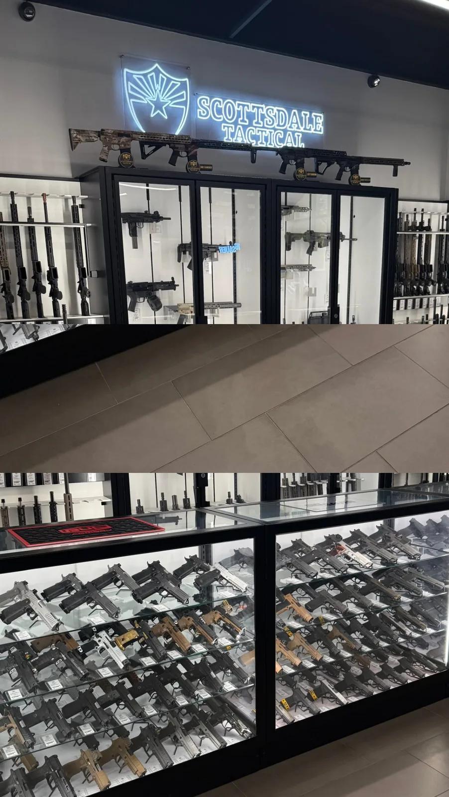 Pistol display cases inside the Scottsdale Tactical showroom