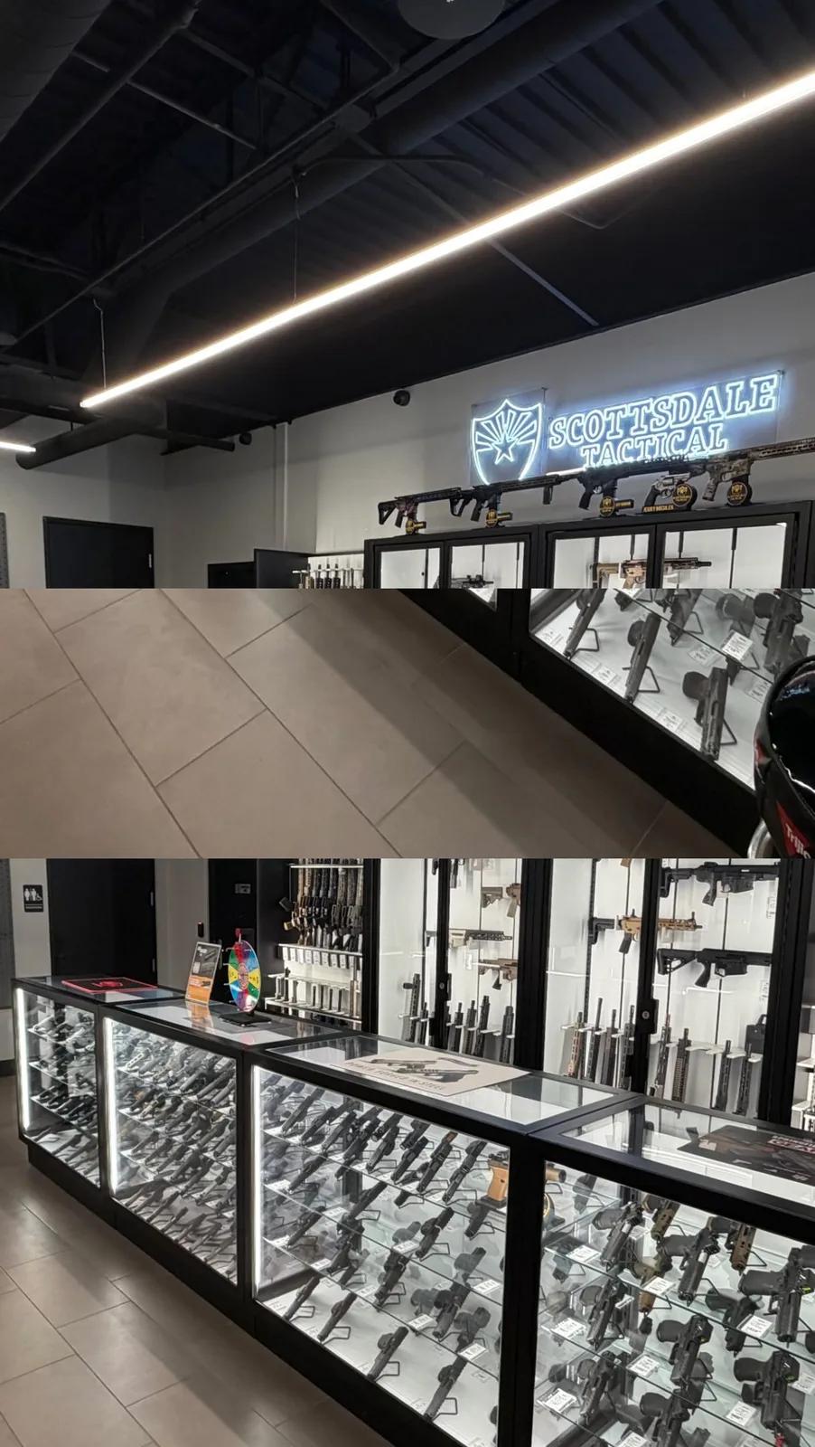 Counters and neon sign inside the Scottsdale Tactical showroom
