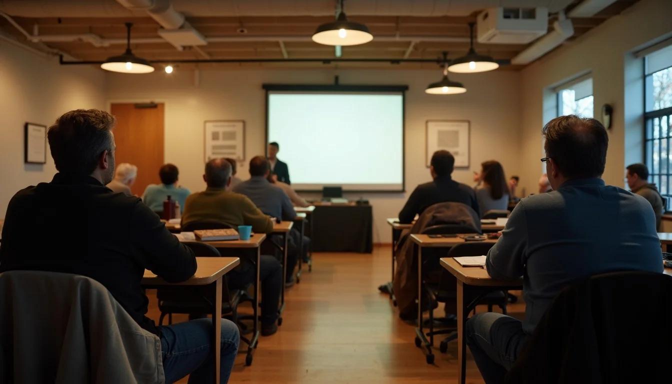 Students seated at tables listening to an instructor at a blank projector screen in a warmly lit classroom