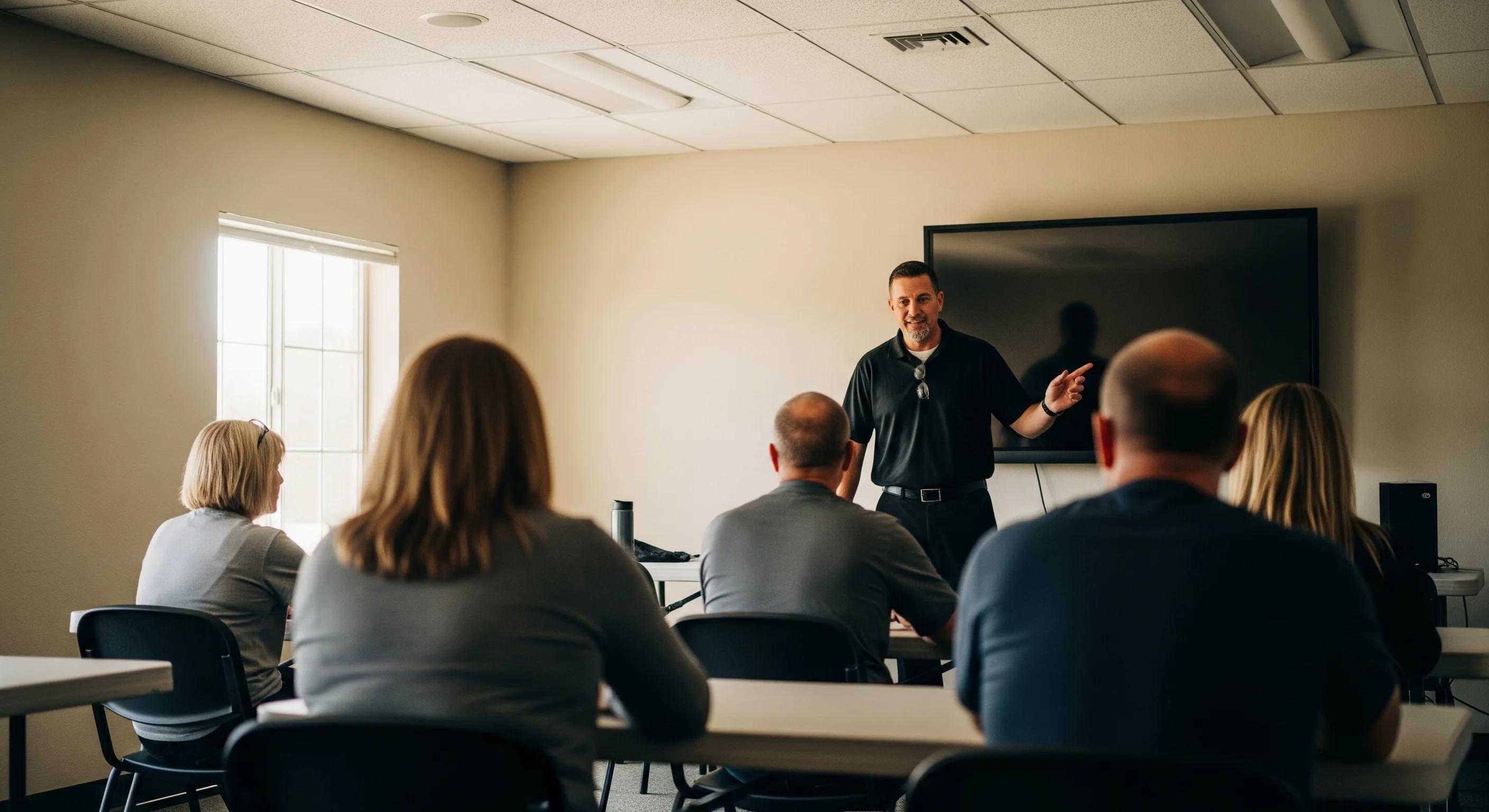 Instructor teaching a small concealed carry class in a sunlit classroom