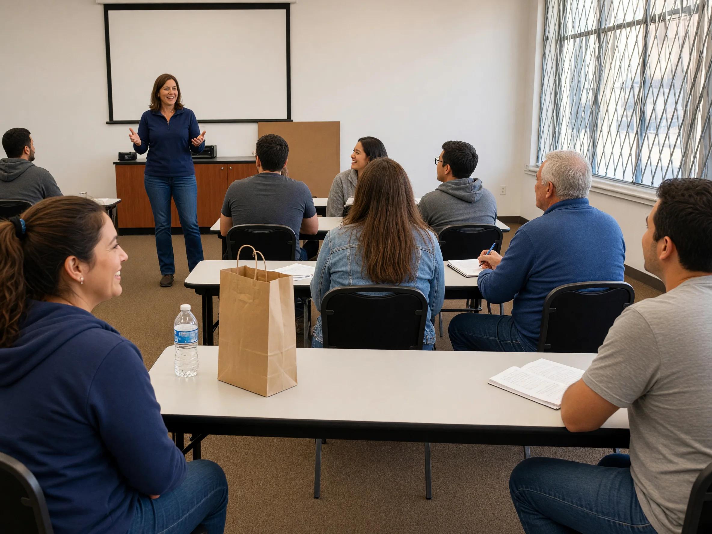 Smiling instructor welcoming a friendly mixed group of adult students in a bright classroom
