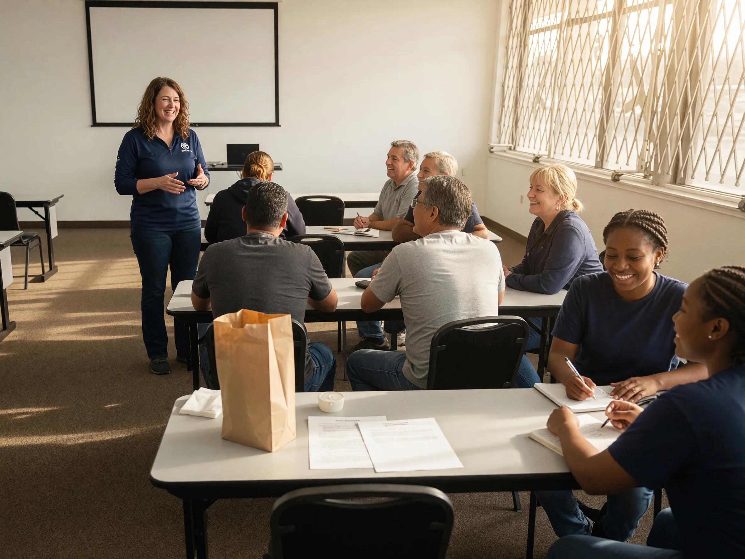 Instructor chatting with relaxed students seated at tables before class begins