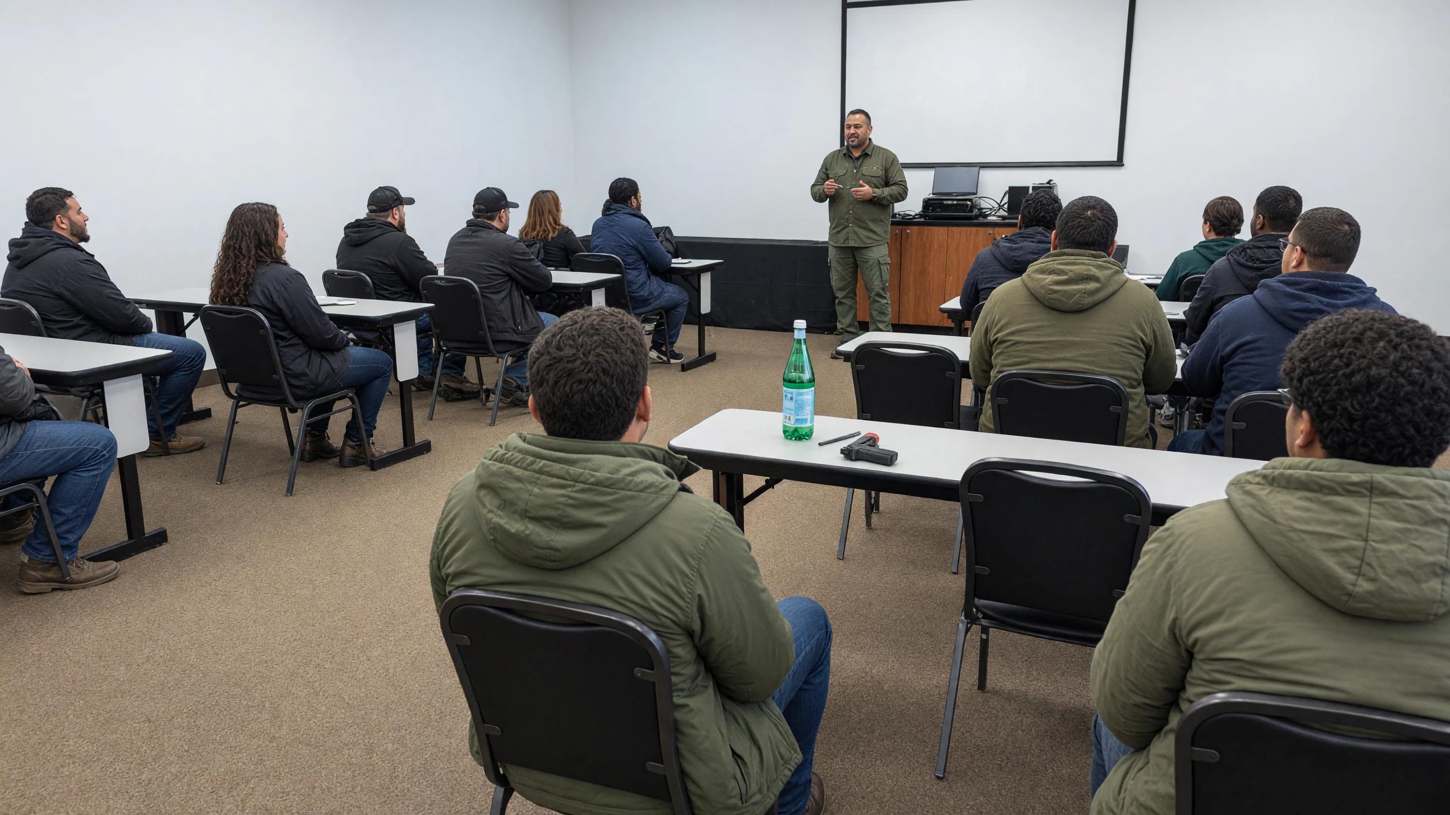 Instructor in an olive shirt teaching a winter concealed carry class