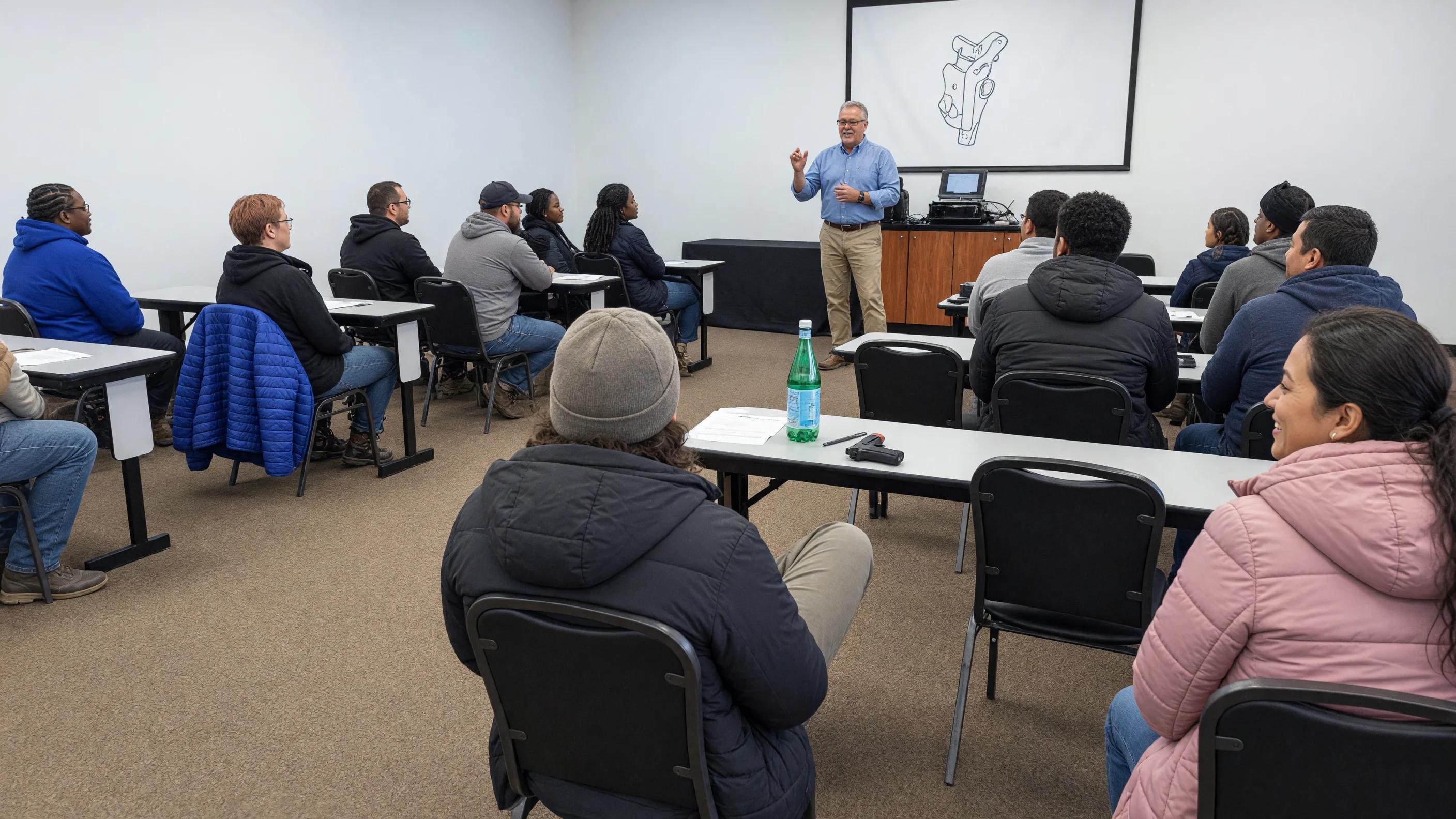 Gray-haired instructor teaching a full concealed carry class