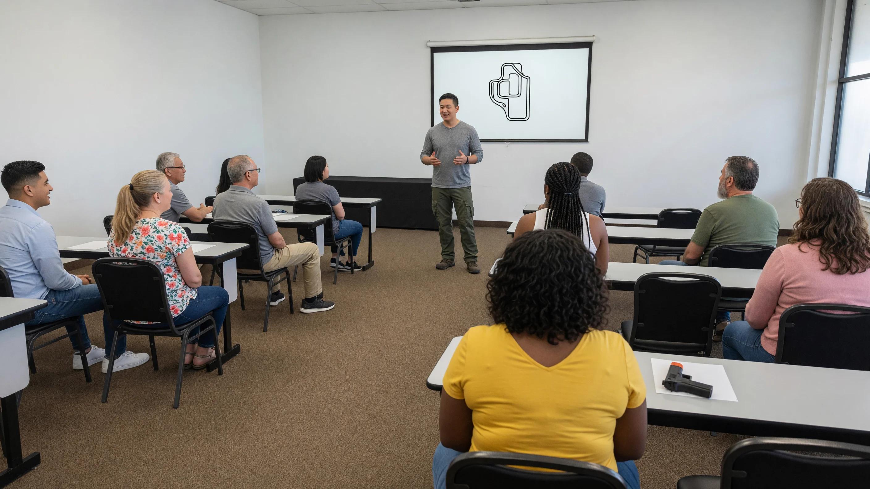 Students listening to a young instructor in a spacious training classroom